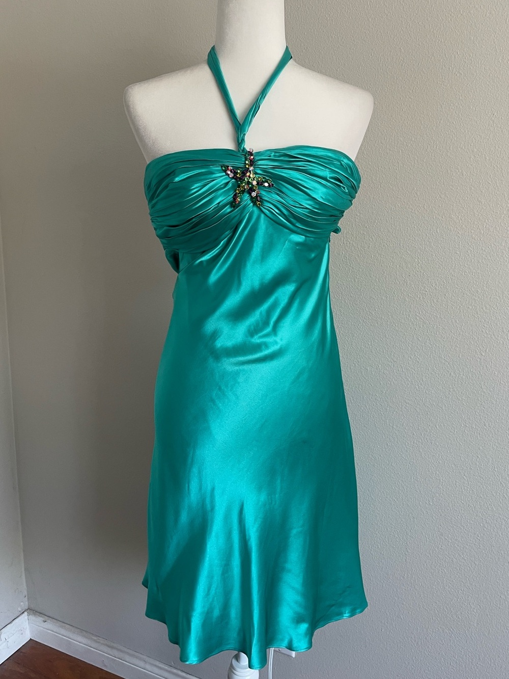 Cache Teal Silk Strapless Dress with Jeweled Accent